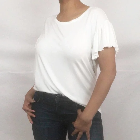 NWT Chaser Ivory White Flutter Ruffle Sleeve Tee Medium - Picture 2 of 5